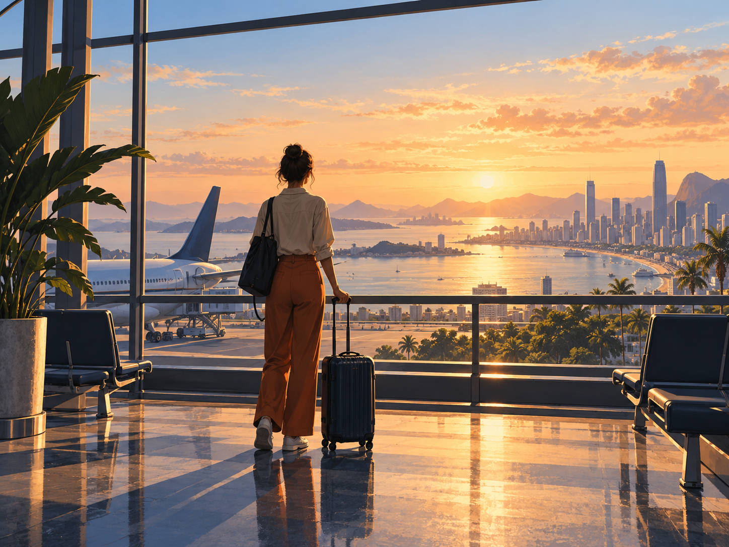 Illustration d’une voyageuse avec sa valise, face à une ville côtière au lever du soleil depuis un terminal d’aéroport.